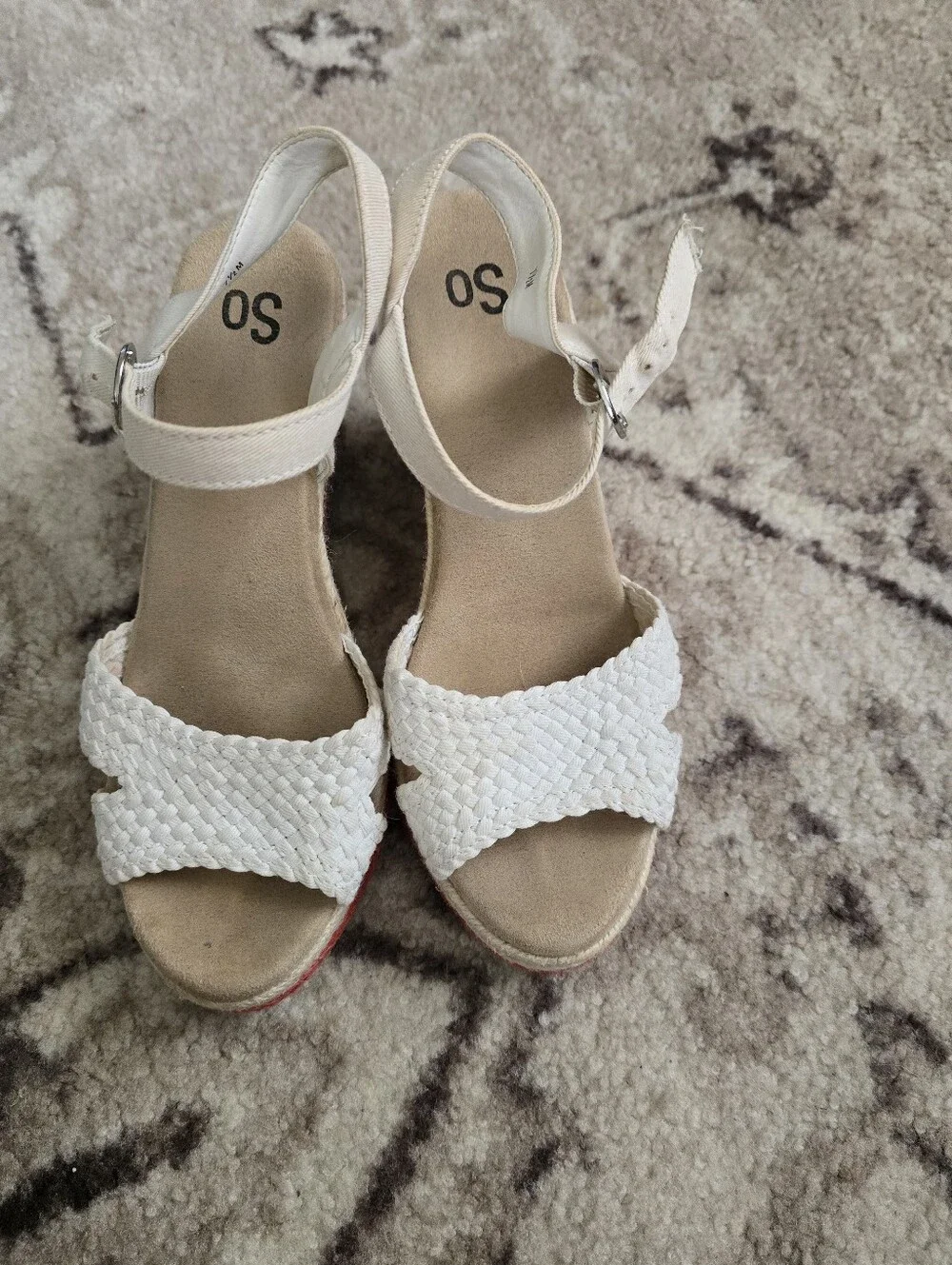 SO White Woven Ankle-Strap Wedge Sandals with Rainbow Platform